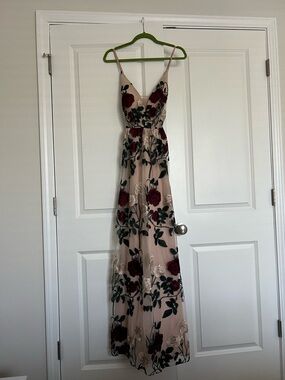 Blush Floral Embroidered Maxi Dress with Burgundy Roses